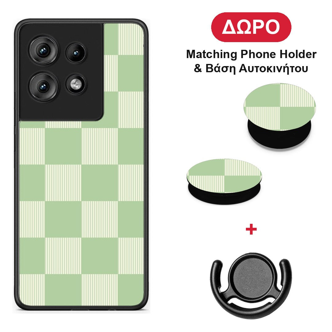 Sage and Cream Striped Checks - Motorola Edge 50 θήκη + Δώρο Phone Holder & Βάση Αυτοκινήτου
