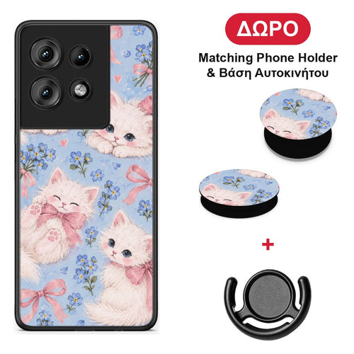 White Kittens and Blue Flowers Large - Motorola Edge 50 θήκη + Δώρο Phone Holder & Βάση Αυτοκινήτου