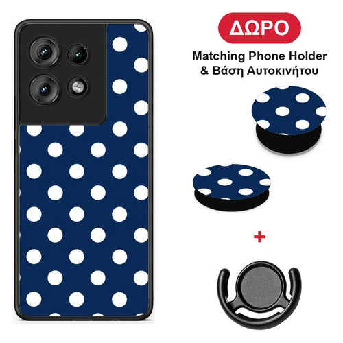 White Large Polka Dots on Navy - Motorola Edge 50 θήκη + Δώρο Phone Holder & Βάση Αυτοκινήτου