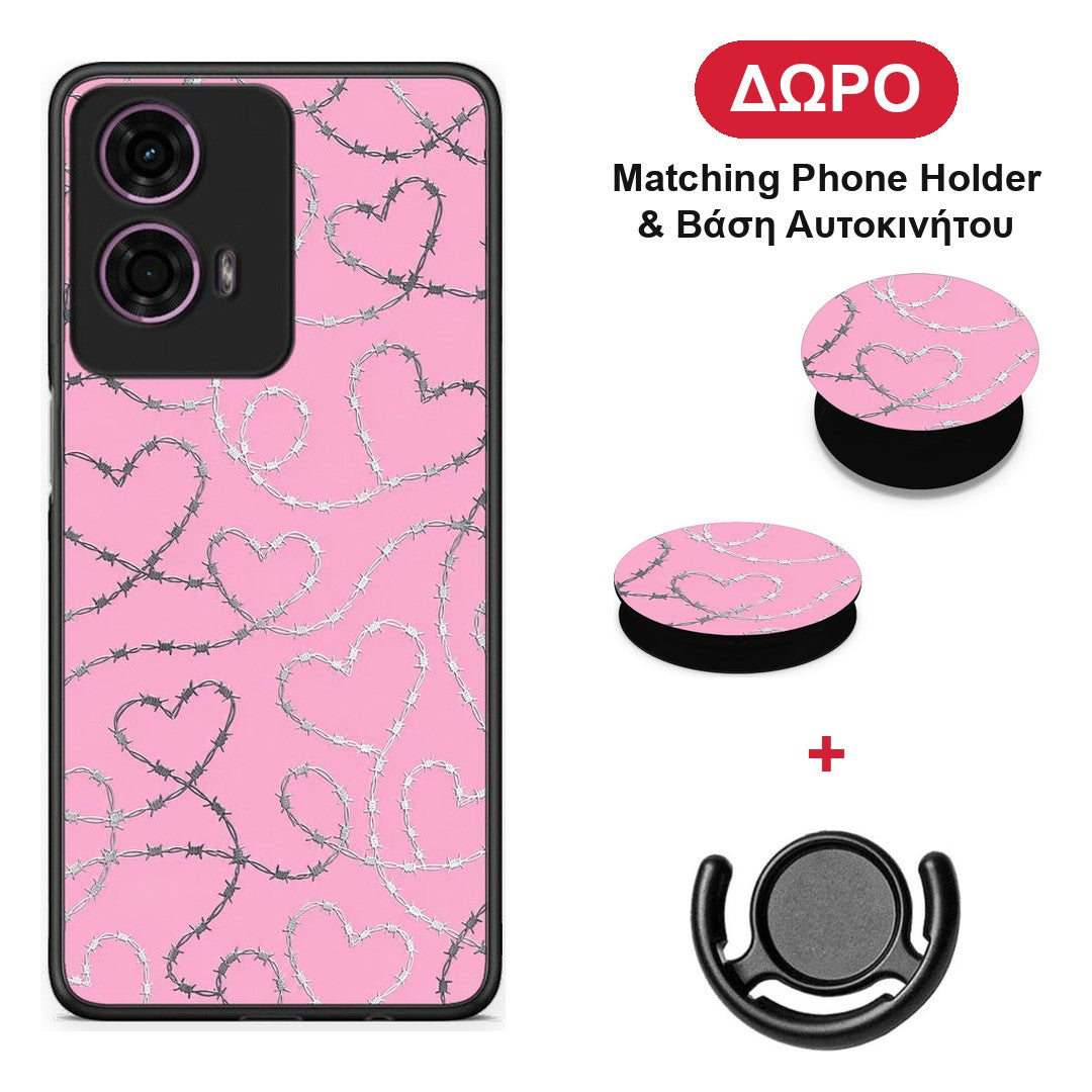 Barbed Wire Hearts on Pink - Motorola G24 θήκη + Δώρο Phone Holder & Βάση Αυτοκινήτου