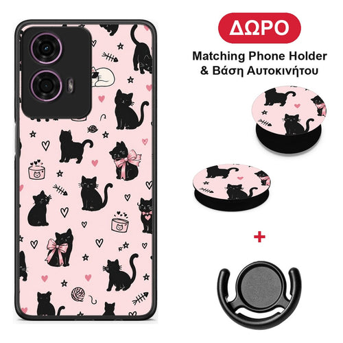 Black Cat Doodles on Pink - Motorola G24 θήκη + Δώρο Phone Holder & Βάση Αυτοκινήτου