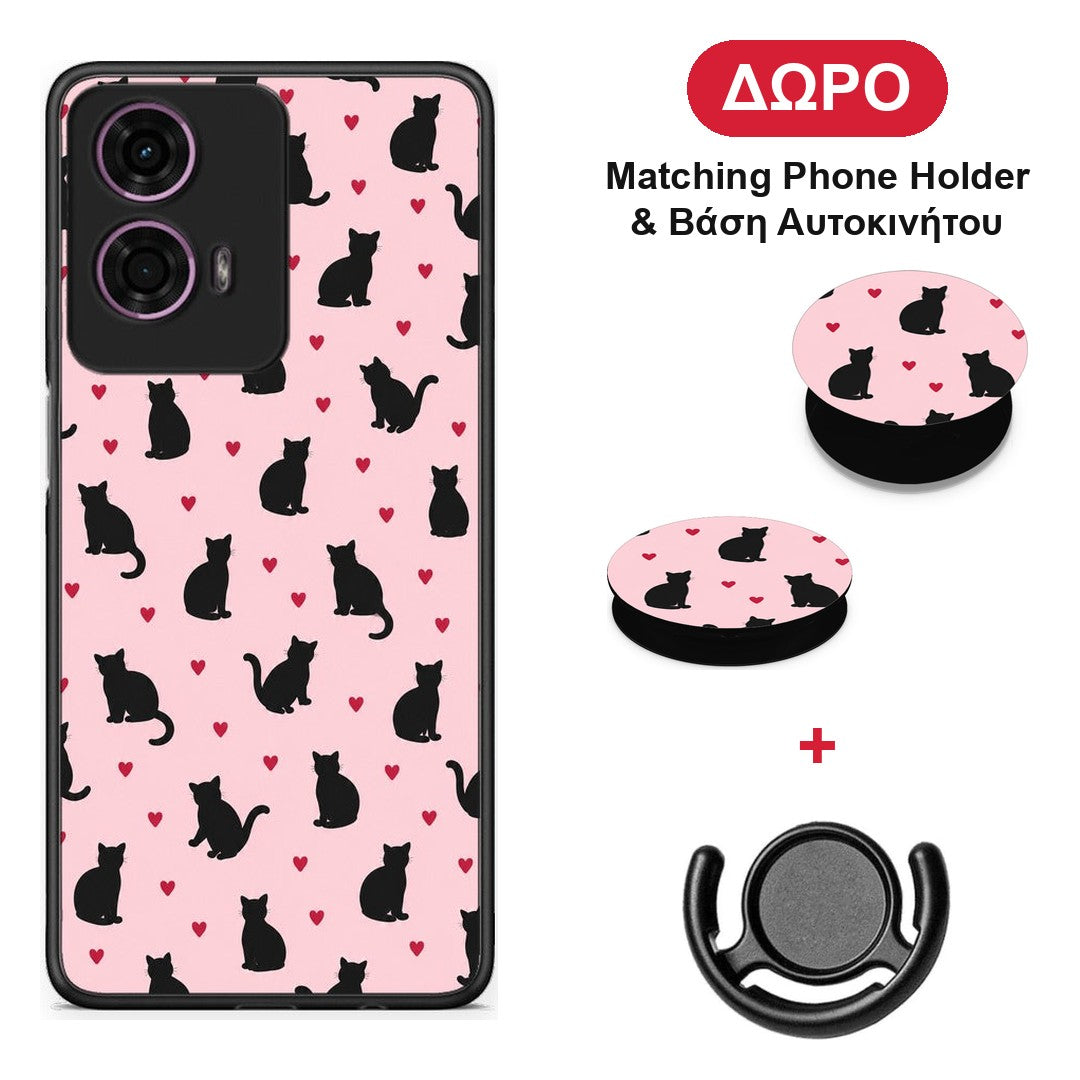 Black Cat Silhouettes and Hearts on Pink - Motorola G24 θήκη + Δώρο Phone Holder & Βάση Αυτοκινήτου