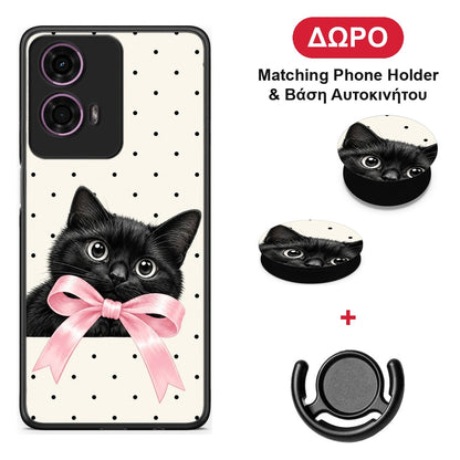 Black Kitten Pink Bow and Polka Dots - Motorola G24 θήκη + Δώρο Phone Holder & Βάση Αυτοκινήτου