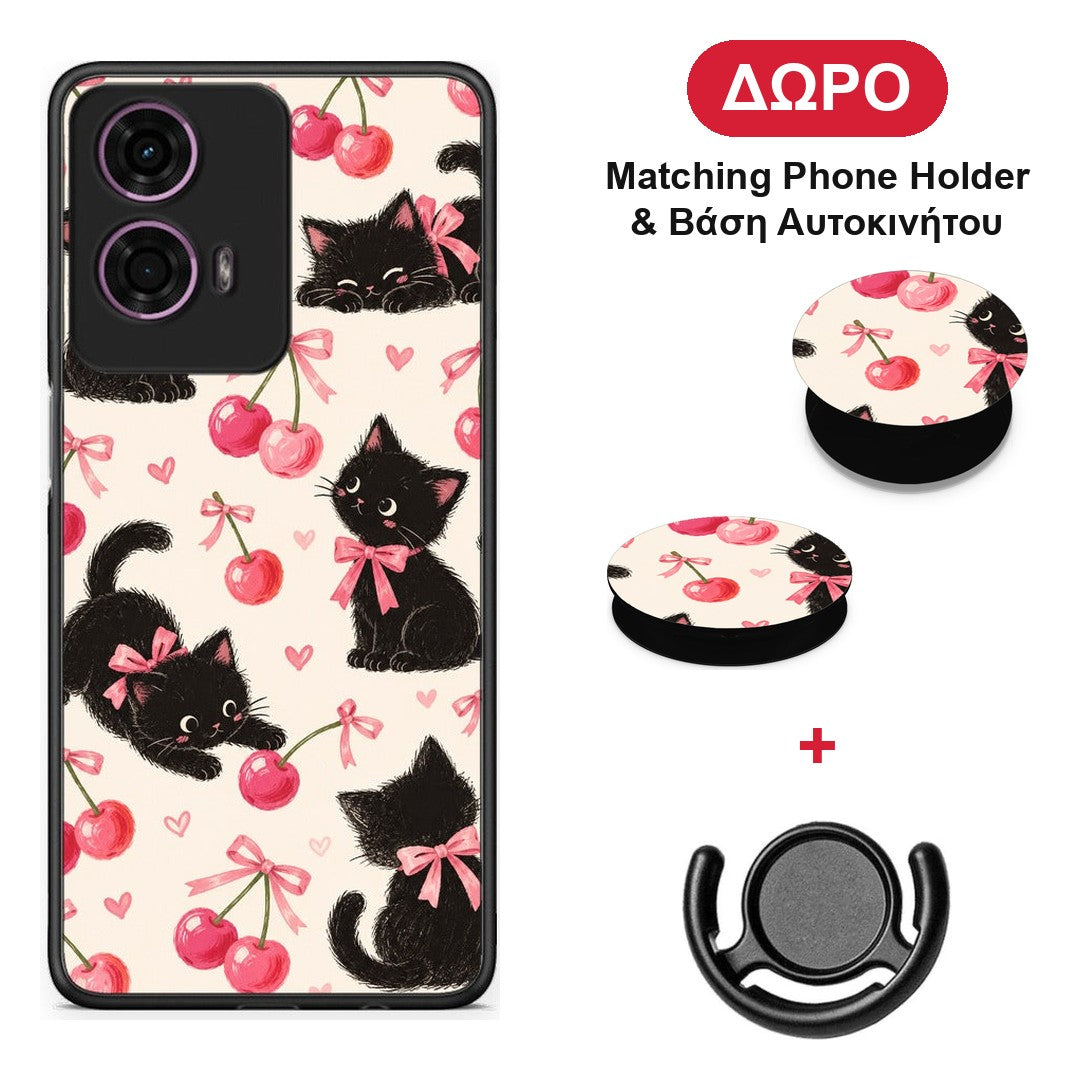 Black Kittens and Cherries on Cream - Motorola G24 θήκη + Δώρο Phone Holder & Βάση Αυτοκινήτου