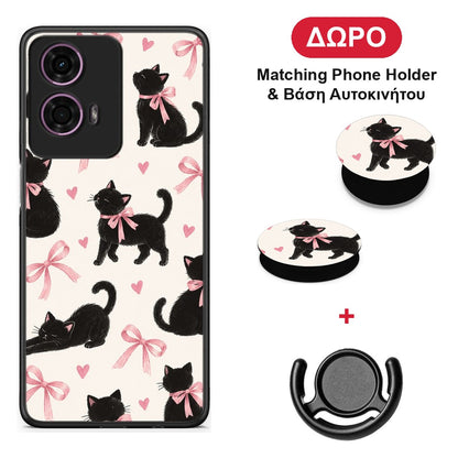 Black Kittens and Pink Bows on Cream Large - Motorola G24 θήκη + Δώρο Phone Holder & Βάση Αυτοκινήτου
