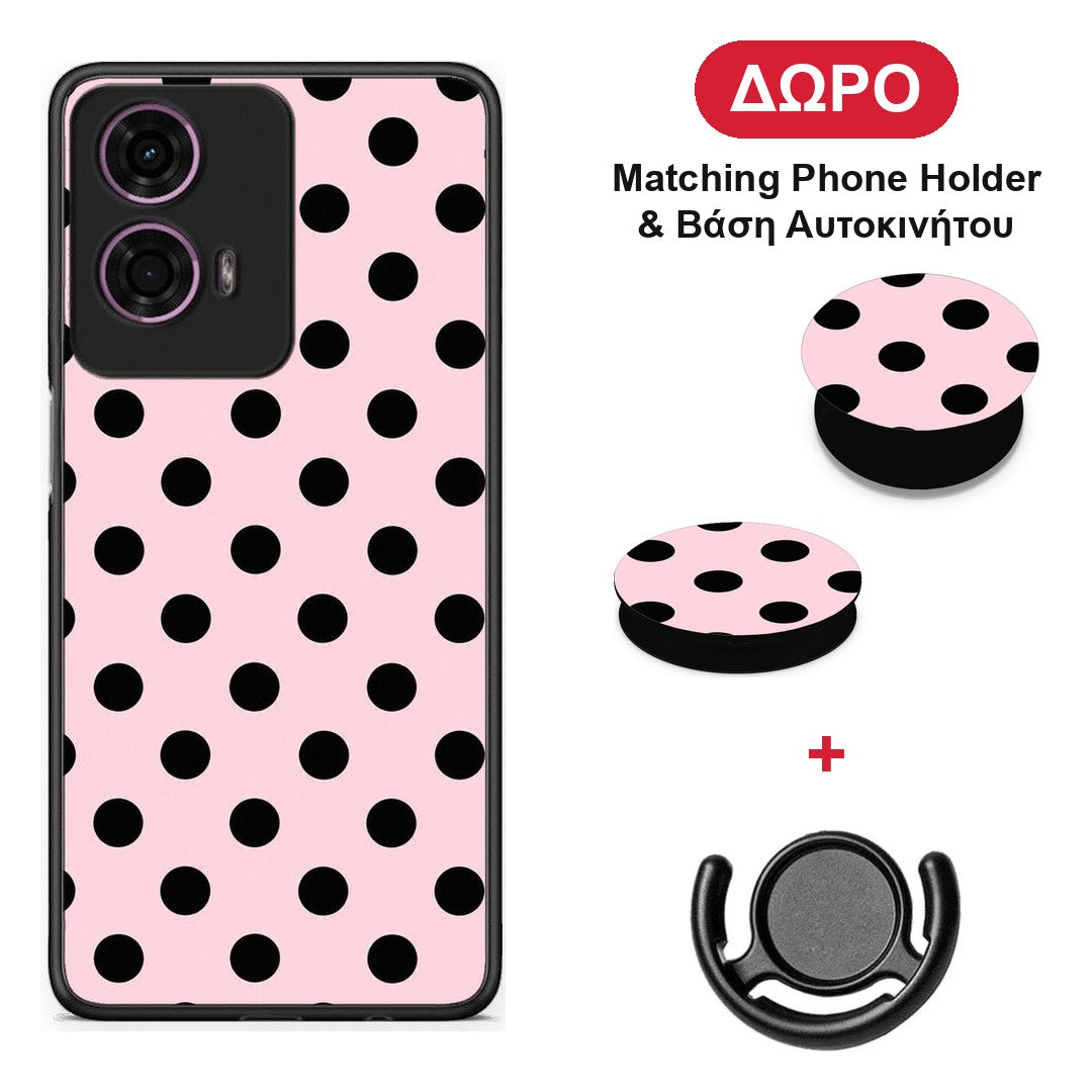 Black Polka Dots on Pink - Motorola G24 θήκη + Δώρο Phone Holder & Βάση Αυτοκινήτου
