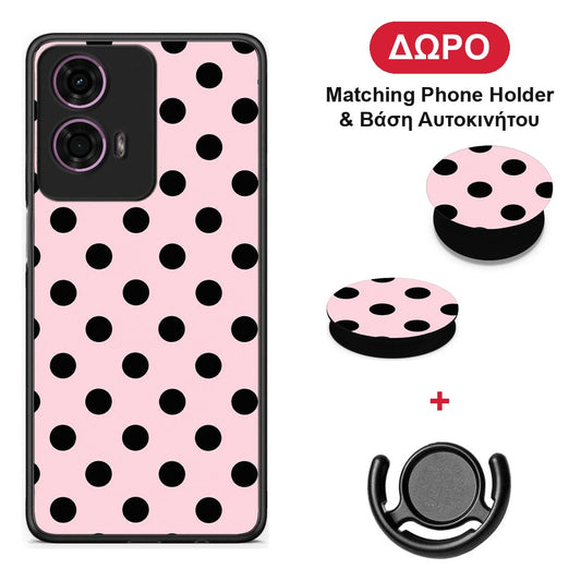 Black Polka Dots on Pink - Motorola G24 θήκη + Δώρο Phone Holder & Βάση Αυτοκινήτου