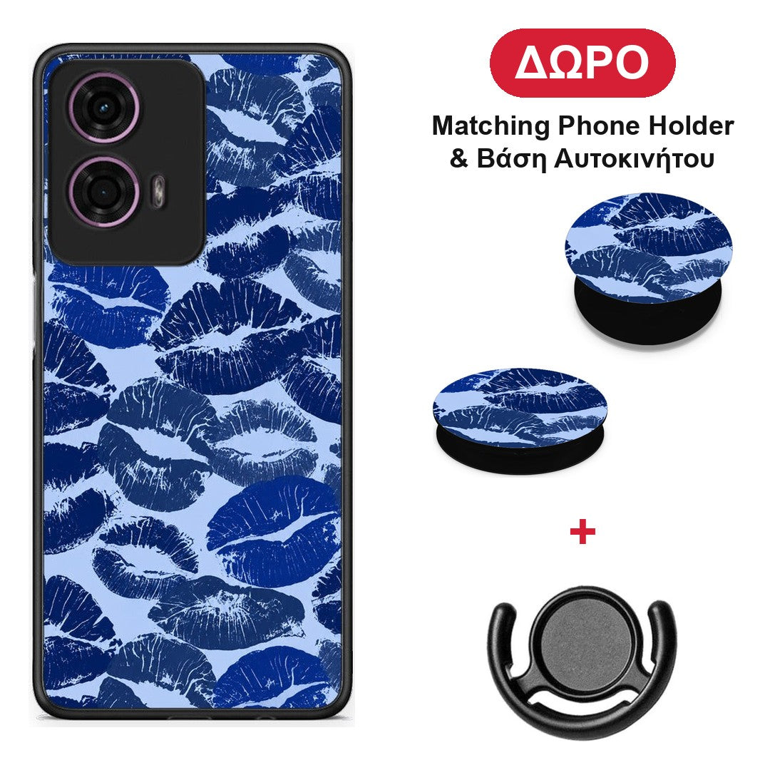 Blue Lipstick Kisses - Motorola G24 θήκη + Δώρο Phone Holder & Βάση Αυτοκινήτου