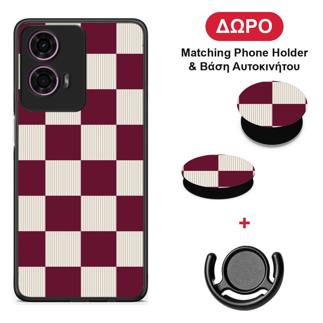 Burgundy and Cream Striped Checks - Motorola G24 θήκη + Δώρο Phone Holder & Βάση Αυτοκινήτου