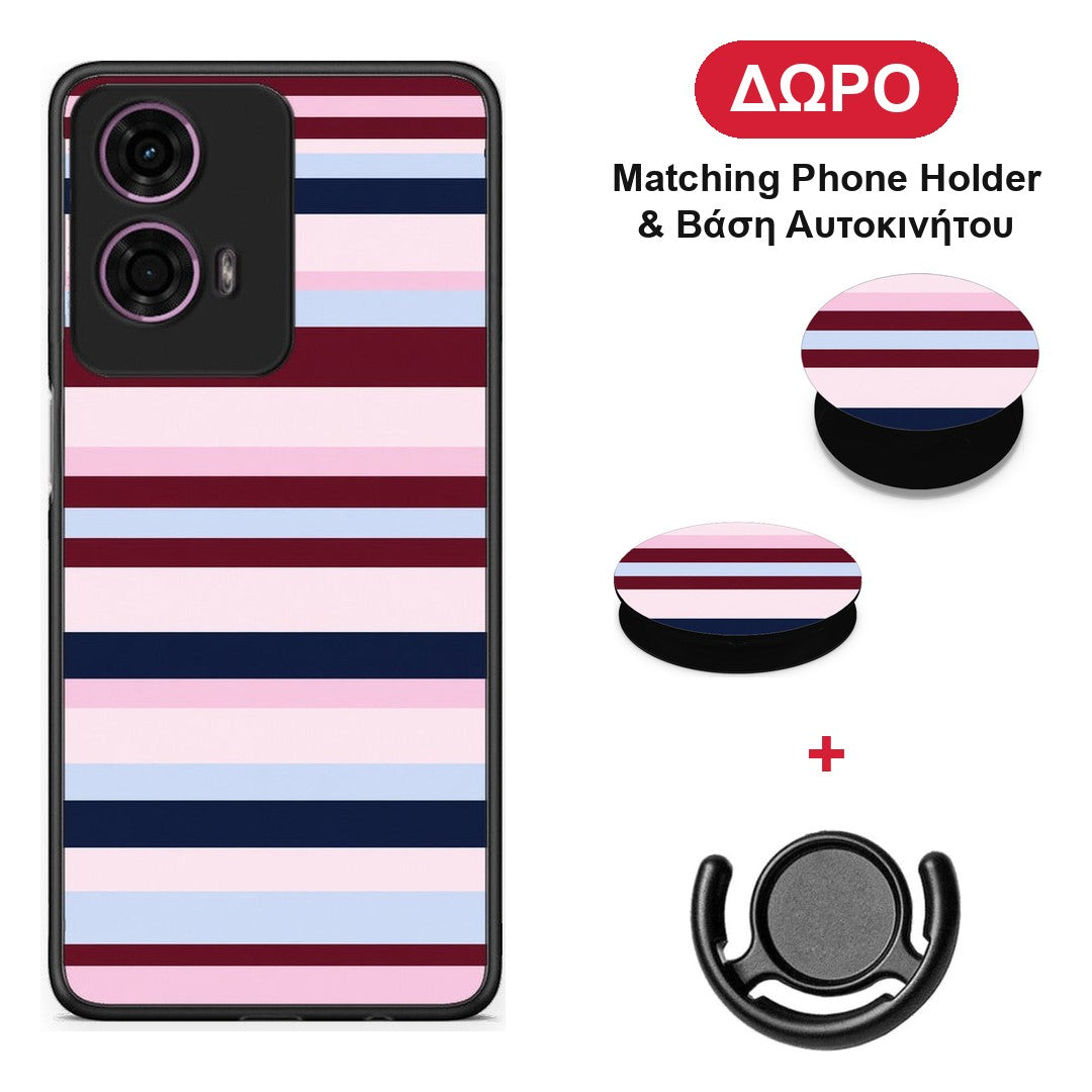 Burgundy Pink and Blue Horizontal Stripes - Motorola G24 θήκη + Δώρο Phone Holder & Βάση Αυτοκινήτου