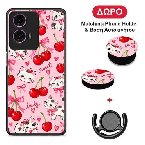 Cherries Bows and Kittens on Pink - Motorola G24 θήκη + Δώρο Phone Holder & Βάση Αυτοκινήτου