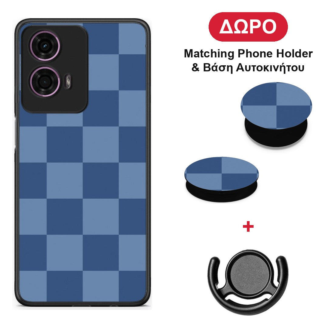 Denim Blue Checkerboard - Motorola G24 θήκη + Δώρο Phone Holder & Βάση Αυτοκινήτου