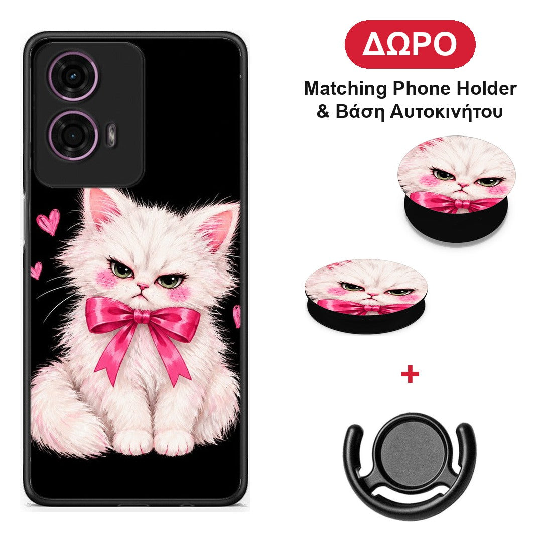 Grumpy Party Kitten on Black - Motorola G24 θήκη + Δώρο Phone Holder & Βάση Αυτοκινήτου