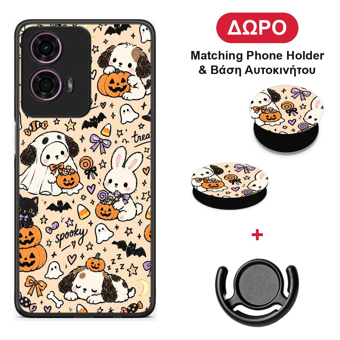 Halloween Puppies and Friends on Cream - Motorola G24 θήκη + Δώρο Phone Holder & Βάση Αυτοκινήτου
