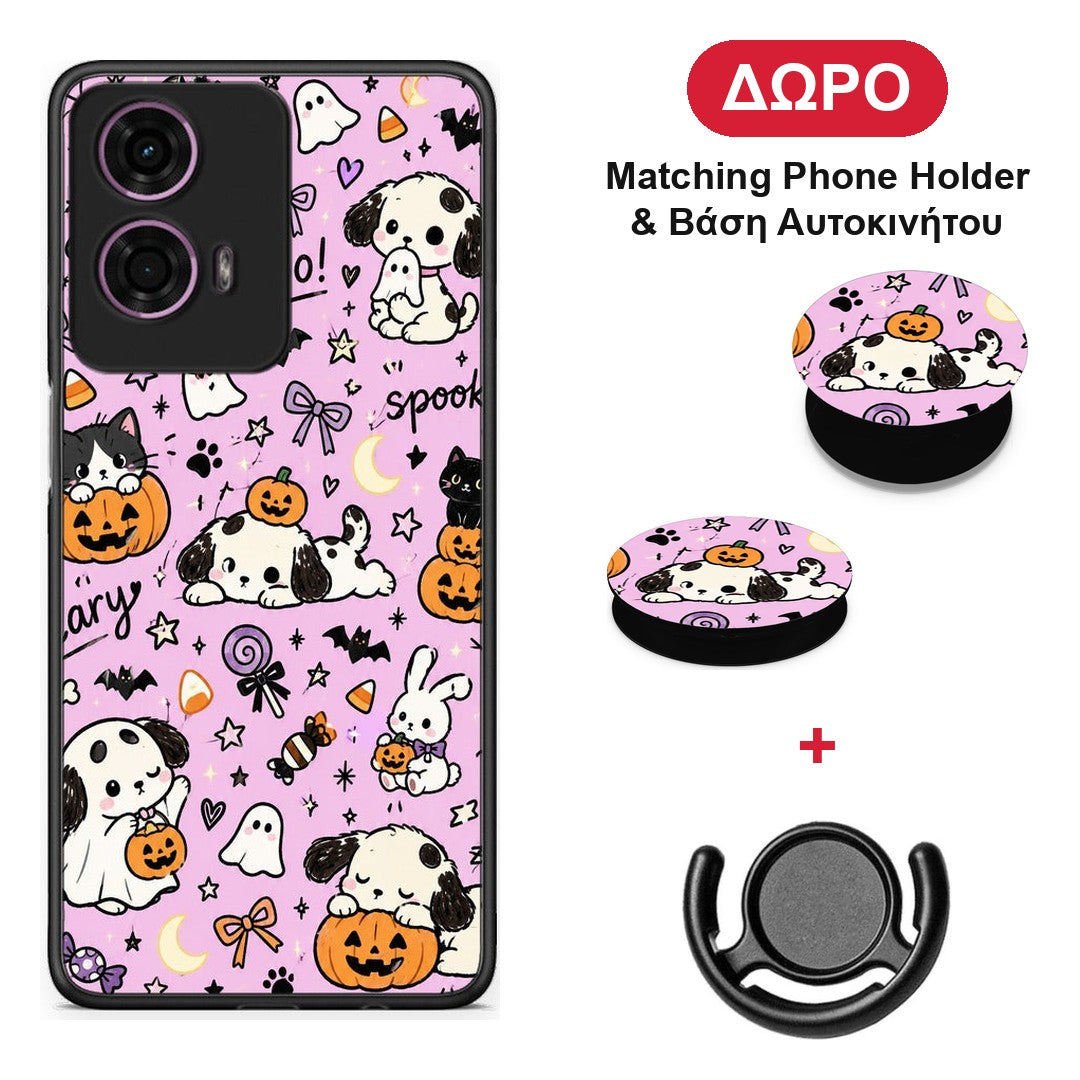 Halloween Puppies and Friends on Lilac - Motorola G24 θήκη + Δώρο Phone Holder & Βάση Αυτοκινήτου
