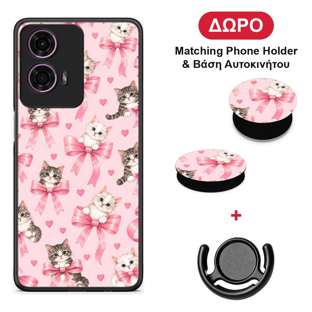 Kittens and Pink Bows on Pink - Motorola G24 θήκη + Δώρο Phone Holder & Βάση Αυτοκινήτου