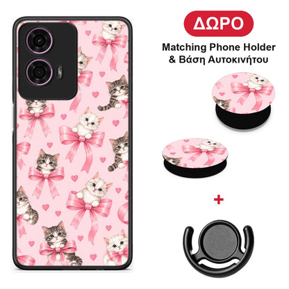Kittens and Pink Bows on Pink - Motorola G24 θήκη + Δώρο Phone Holder & Βάση Αυτοκινήτου