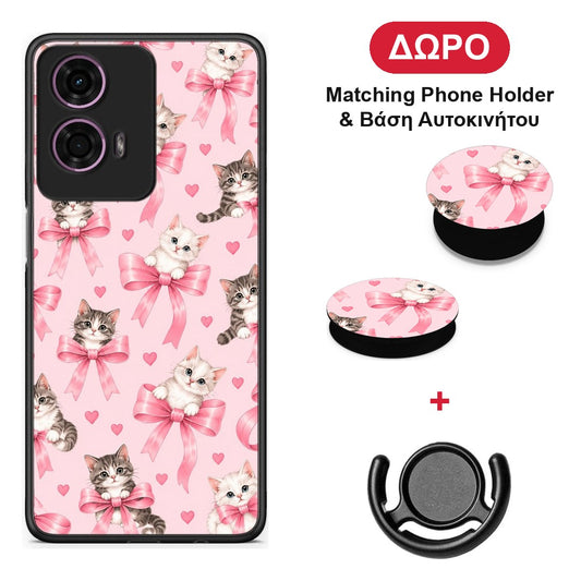 Kittens and Pink Bows on Pink - Motorola G24 θήκη + Δώρο Phone Holder & Βάση Αυτοκινήτου