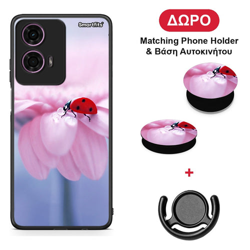 Ladybug Flower - Motorola G24 θήκη + Δώρο Phone Holder & Βάση Αυτοκινήτου