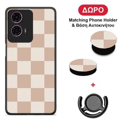 Latte and Cream Striped Checks - Motorola G24 θήκη + Δώρο Phone Holder & Βάση Αυτοκινήτου