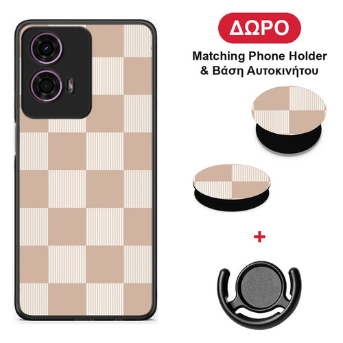 Latte and Cream Striped Checks - Motorola G24 θήκη + Δώρο Phone Holder & Βάση Αυτοκινήτου