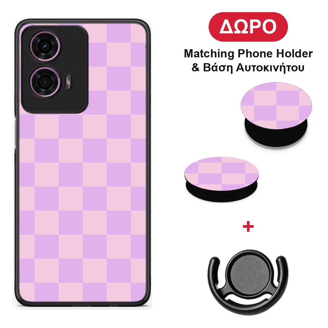 Lavender and Pink Checkerboard - Motorola G24 θήκη + Δώρο Phone Holder & Βάση Αυτοκινήτου