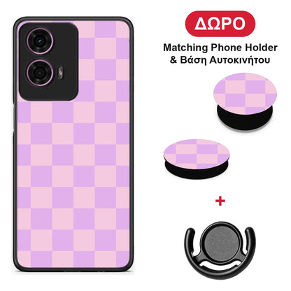 Lavender and Pink Checkerboard - Motorola G24 θήκη + Δώρο Phone Holder & Βάση Αυτοκινήτου