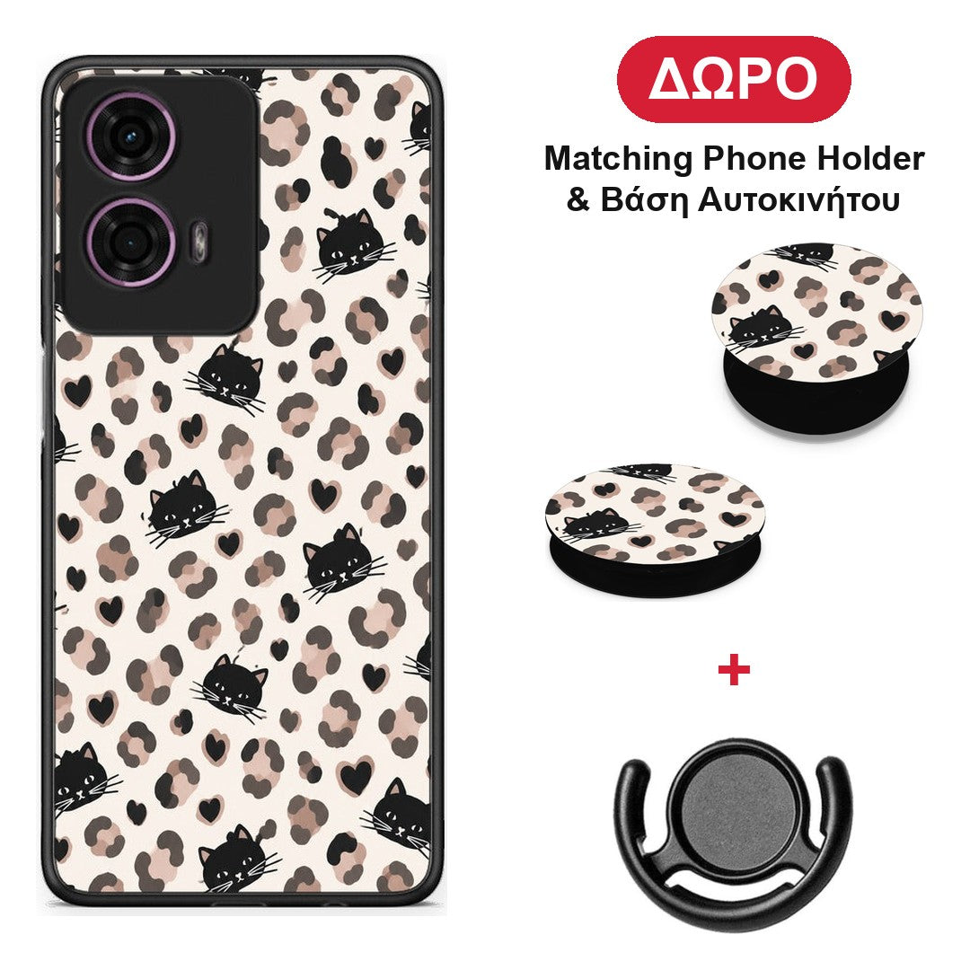Leopard Spots and Black Cats on Cream - Motorola G24 θήκη + Δώρο Phone Holder & Βάση Αυτοκινήτου