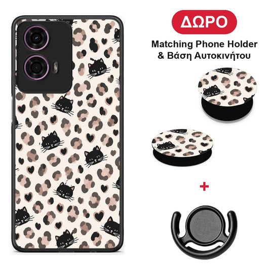 Leopard Spots and Black Cats on Cream - Motorola G24 θήκη + Δώρο Phone Holder & Βάση Αυτοκινήτου