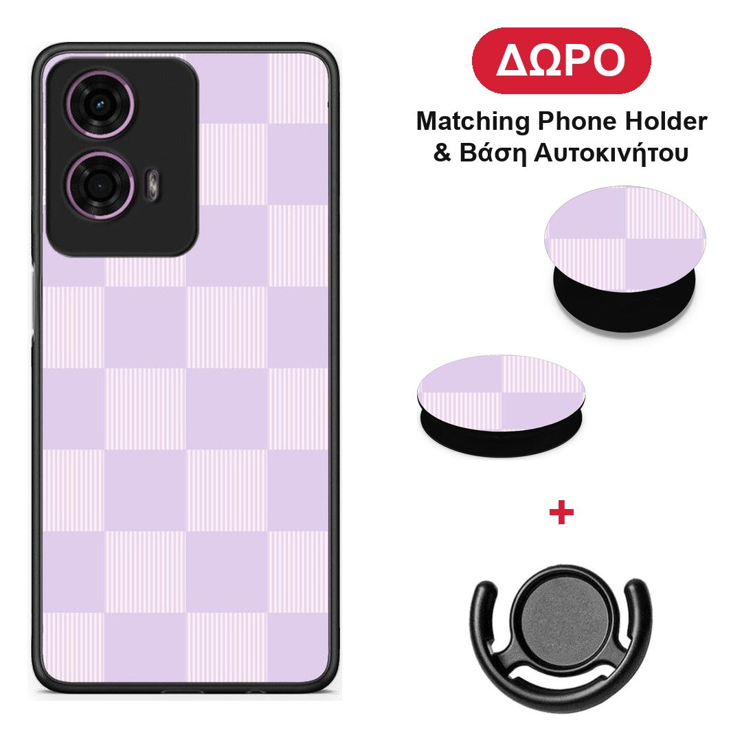 Lilac and Cream Striped Checks - Motorola G24 θήκη + Δώρο Phone Holder & Βάση Αυτοκινήτου