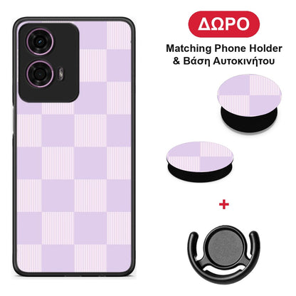 Lilac and Cream Striped Checks - Motorola G24 θήκη + Δώρο Phone Holder & Βάση Αυτοκινήτου