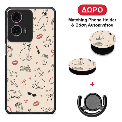 Minimal Cat and Fashion Doodles on Cream - Motorola G24 θήκη + Δώρο Phone Holder & Βάση Αυτοκινήτου