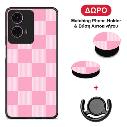 Pink and White Striped Checks - Motorola G24 θήκη + Δώρο Phone Holder & Βάση Αυτοκινήτου