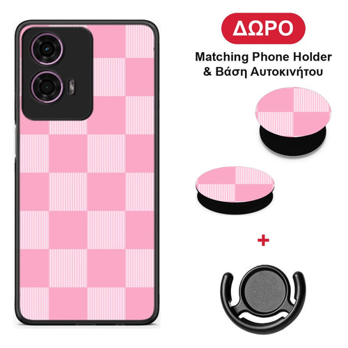 Pink and White Striped Checks - Motorola G24 θήκη + Δώρο Phone Holder & Βάση Αυτοκινήτου