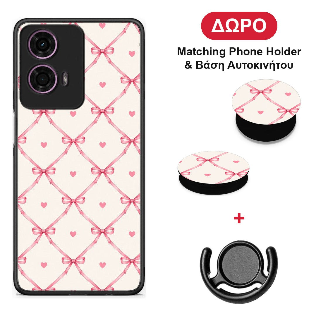 Pink Bow Lattice and Hearts on Cream - Motorola G24 θήκη + Δώρο Phone Holder & Βάση Αυτοκινήτου