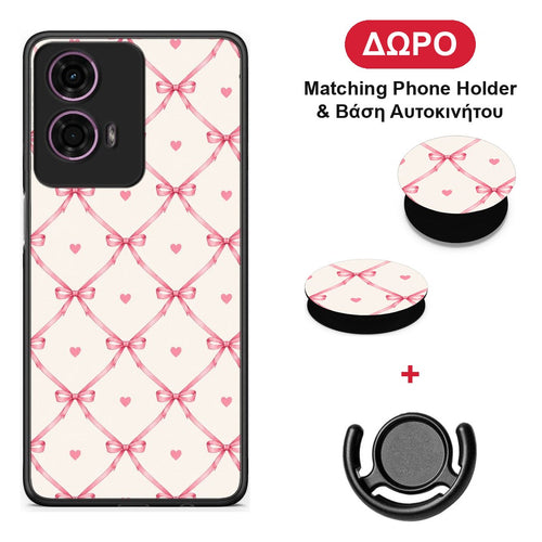 Pink Bow Lattice and Hearts on Cream - Motorola G24 θήκη + Δώρο Phone Holder & Βάση Αυτοκινήτου