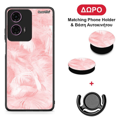 Boho Pink Feather - Motorola G24 θήκη + Δώρο Phone Holder & Βάση Αυτοκινήτου