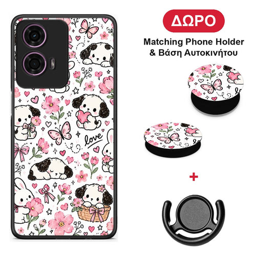 Pink Florals Puppies and Bunnies on White - Motorola G24 θήκη + Δώρο Phone Holder & Βάση Αυτοκινήτου