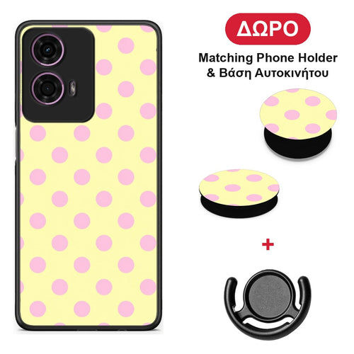 Pink Polka Dots on Yellow - Motorola G24 θήκη + Δώρο Phone Holder & Βάση Αυτοκινήτου