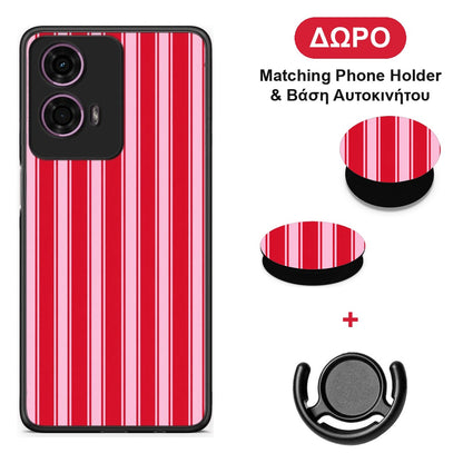 Red and Pink Vertical Pinstripes - Motorola G24 θήκη + Δώρο Phone Holder & Βάση Αυτοκινήτου