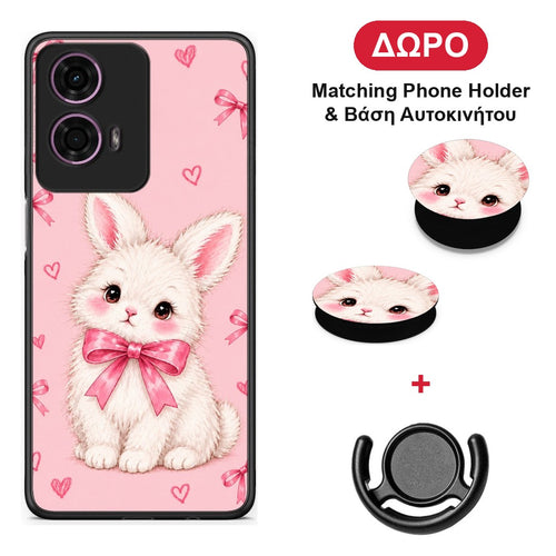 White Bunny and Pink Bows - Motorola G24 θήκη + Δώρο Phone Holder & Βάση Αυτοκινήτου