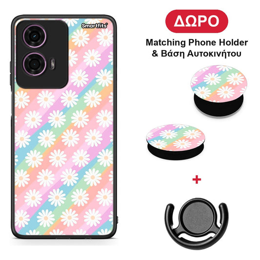 White Daisies - Motorola G24 θήκη + Δώρο Phone Holder & Βάση Αυτοκινήτου