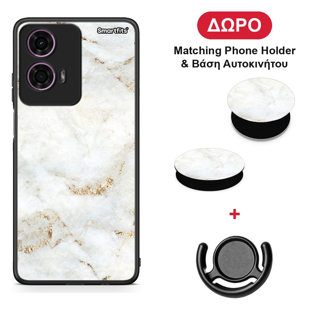 White Gold Marble - Motorola G24 θήκη + Δώρο Phone Holder & Βάση Αυτοκινήτου