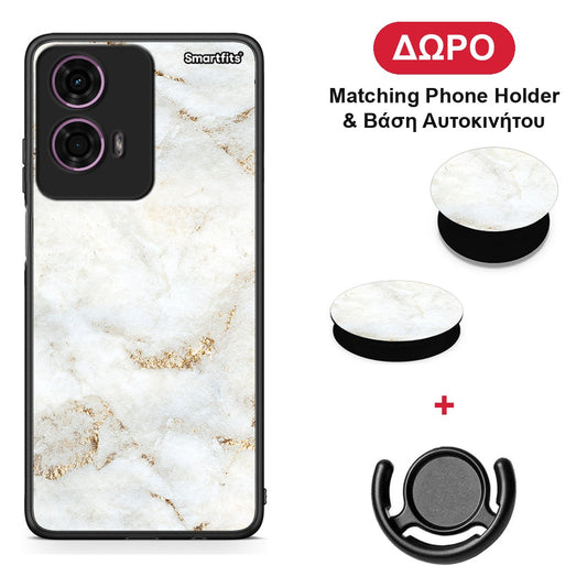 White Gold Marble - Motorola G24 θήκη + Δώρο Phone Holder & Βάση Αυτοκινήτου