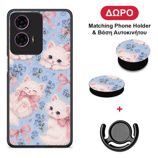 White Kittens and Blue Flowers Large - Motorola G24 θήκη + Δώρο Phone Holder & Βάση Αυτοκινήτου