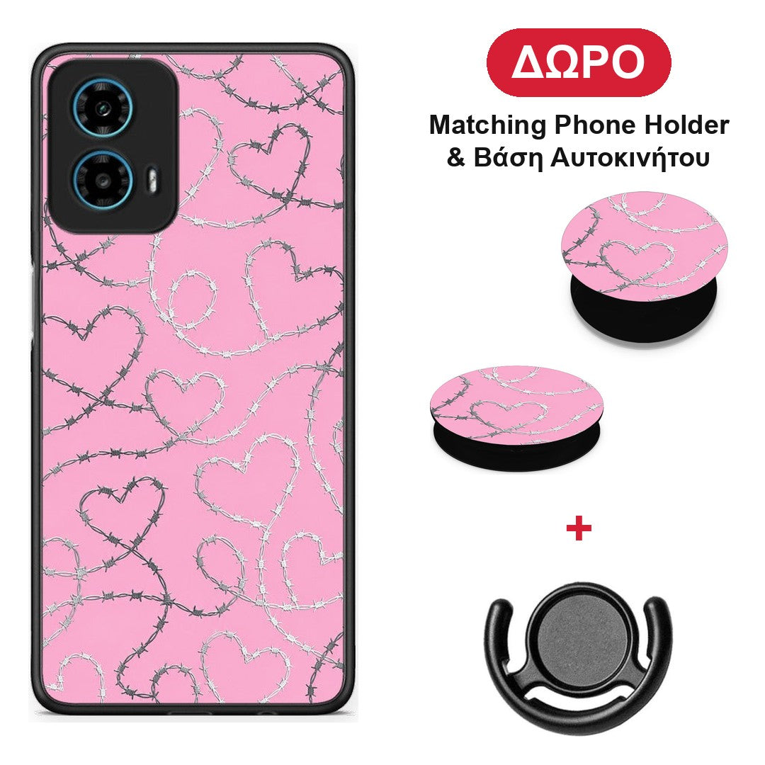 Barbed Wire Hearts on Pink - Motorola G34 5G θήκη + Δώρο Phone Holder & Βάση Αυτοκινήτου