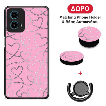 Barbed Wire Hearts on Pink - Motorola G34 5G θήκη + Δώρο Phone Holder & Βάση Αυτοκινήτου