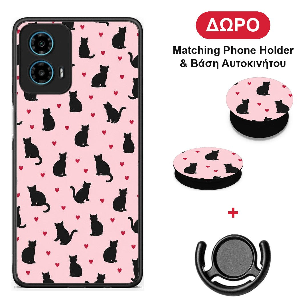 Black Cat Silhouettes and Hearts on Pink - Motorola G34 5G θήκη + Δώρο Phone Holder & Βάση Αυτοκινήτου