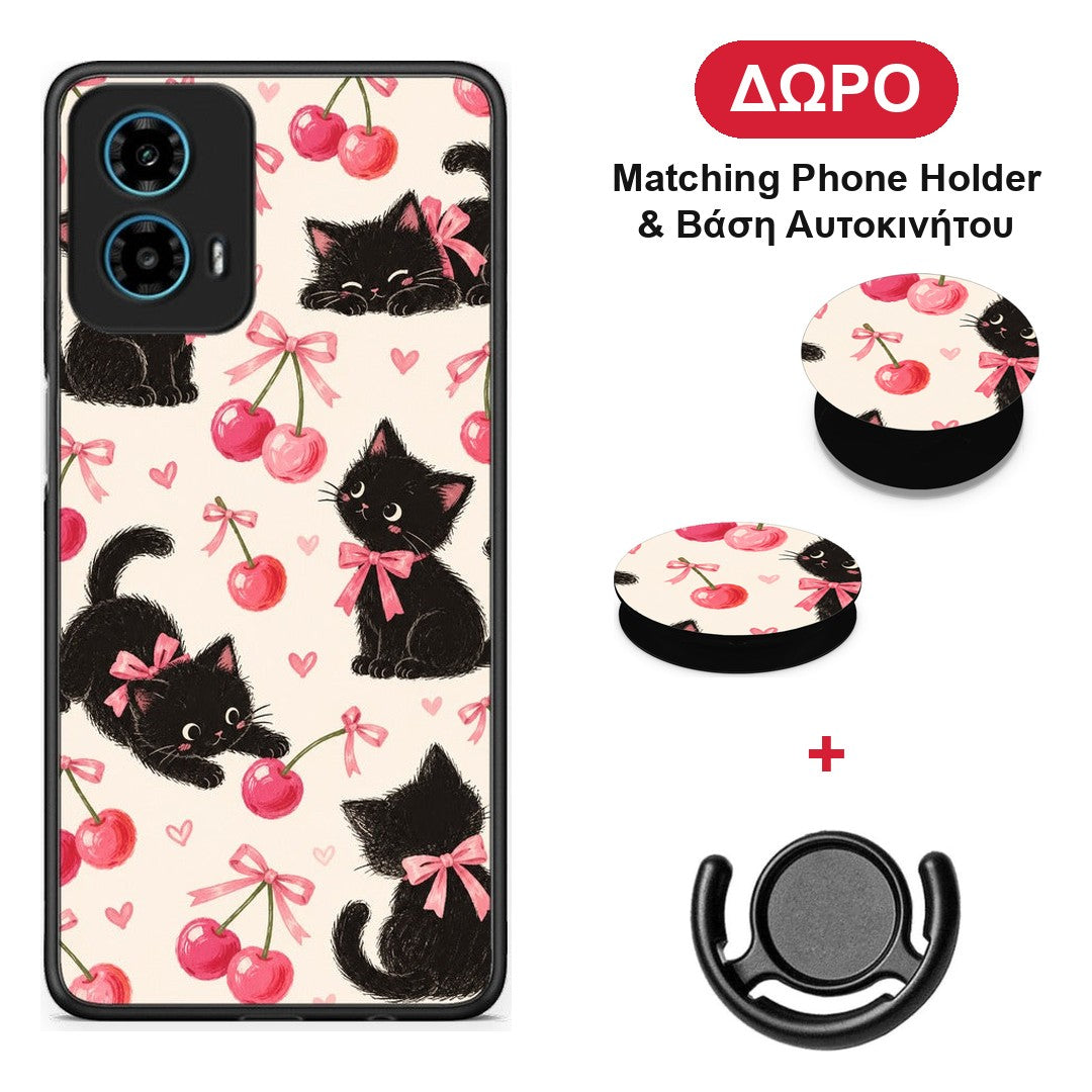 Black Kittens and Cherries on Cream - Motorola G34 5G θήκη + Δώρο Phone Holder & Βάση Αυτοκινήτου