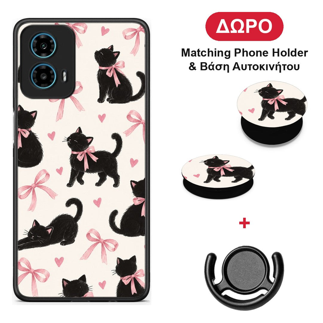 Black Kittens and Pink Bows on Cream Large - Motorola G34 5G θήκη + Δώρο Phone Holder & Βάση Αυτοκινήτου